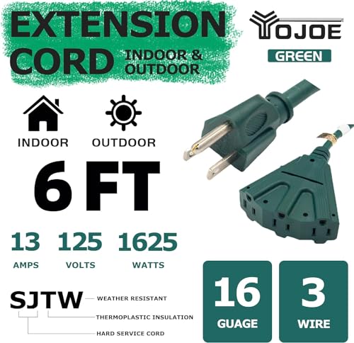 YOJOE 3-Outlets Indoor Outdoor Extension Cord, 3 Prong 13A Weatherproof Power Cord Multiple Outlets, 16 Gauge Heavy Duty 6 ft Green Extension Cord for Garage, Garden, 16/3 SJTW UL Certified - color: Green, size: 6 Foot, style: Standard