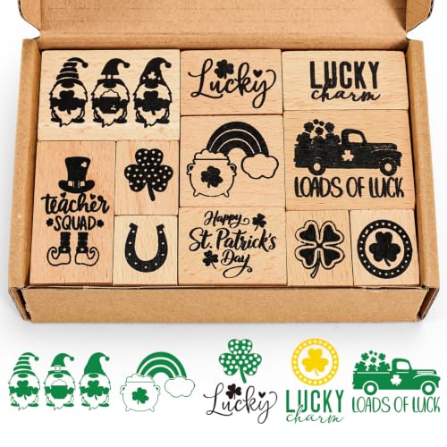 JarThenaAMCS 11 Pcs St. Patrick's Day Wooden Rubber Stamps Lucky Clover Shamrock Gnome Mixed DIY Craft Stamps for Irish Party Decor Scrapbooking Cards Making - style: St. Patrick's Day