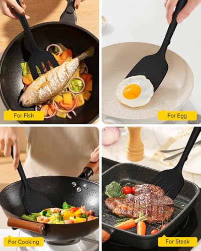 Pack of 2 Silicone Spatula Turners, Non Stick Slotted Kitchen Spatula Set, Heat Resistant BPA Free Kitchen Utensils, One-Piece Design, Suitable for Flipping Fish, Eggs, Steak, Pancakes(BLACK) - color: Black