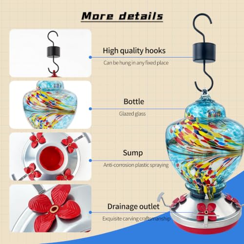 Hummingbird Feeder Colorful Blown Glass Outdoor Hummingbird Feeder with Ant Moat and 5 Feeding Ports for Outdoors Hanging Garden Decor, Bird Lovers (Green) - color: Blue-Phoenix-1