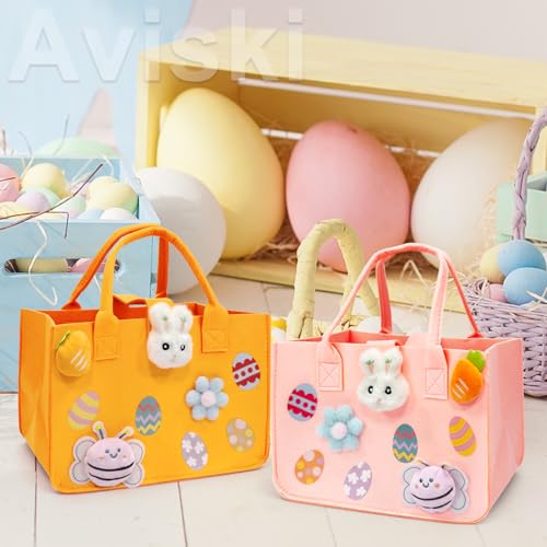 Aviski 2PCS Easter Egg Hunt Bags, Easter Bunny Gift Bags with Handles, Easter Treat Bags, Felt Easter Bags for Gifts Wrapping, Egg Hunt Game, Easter Party Supplies, 12" x7.8" x6.8"(Pink + Orange)