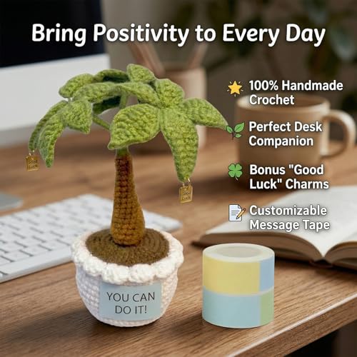 Emotional Support Crochet Money Tree with Sticky Notes Roll, Handmade Positive Desk Decor Plant with “Good Luck” Charms, 7 Inch Mini Office Home Ornament, Encouragement Gift for Coworkers, Friends