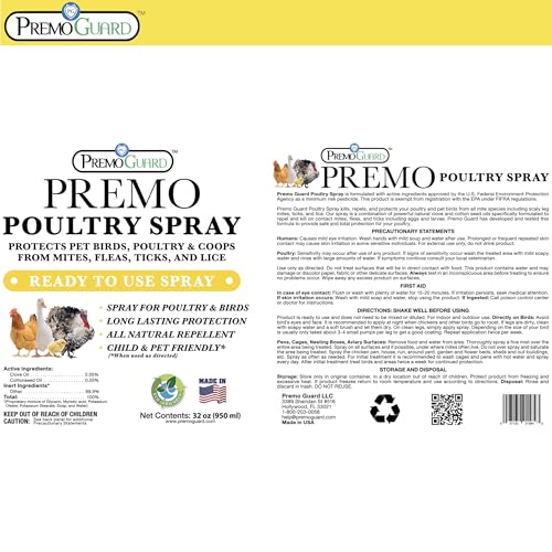 Premo Guard Natural Poultry Spray – Kills Scaly Leg Mites, Fleas, & Lice | Treats Chicken, Duck, Geese Pests, Spray Directly on Birds and Coops, Natural Plant Based Oils, Control & Prevention - size: 32 oz