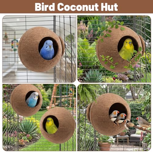 2 Pcs Natural Coconut Shell Bird Nest House Bed Breeding Nesting Anti-Pecking Bite Parakeet Hide Breeding Hut Bird Cage Accessories for Hamster Birds Parrot Budgie Lovebird Canary Finch