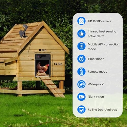 1080P HD Camera Solar Automatic Chicken Coop Door, 5000 mAh Large Battery, Support WiFi, APP Remote Viewing and Control, Timer, Alarm Driver Function, Easy to Install and Use.