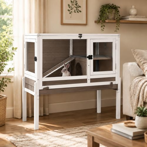 Guinea Pig Cage Indoor with Chew-Proof Edges, Clean Deep Tray | Rabbit cage with leakproof PVC layer, detachable legs, openable roof, multiple ventilated doors, Brown - color: Brown