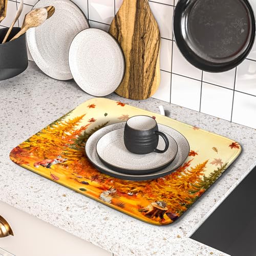 Autumn Drying Matt Kitchen Counter Small Absorbent Coffee Mat Fall Forest Microfiber Drying Mat for Holiday Decor - color: Autumn Forest Yellow, size: 18" x 16"