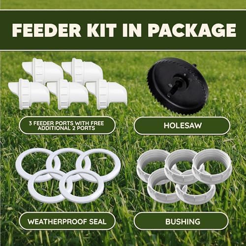 Poultry Pro DIY Chicken Feeder Port Kit - 5 Ports, Weatherproof Seals, Bushings & Hole Saw, PVC Gravity Feeder, Use for Buckets, Barrels, Bins & Troughs, No Waste Chicken Feeders (Bucket NOT Included) | As Seen on Shark Tank, Gravity Fed Chicken Feeder, f