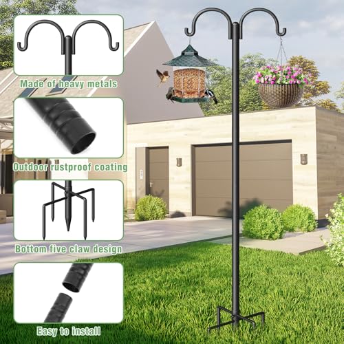 Double Shepherds Hooks for Outdoor, Heavy Duty Bird Feeder Pole with 5-Prong Base - Rust-Proof, Adjustable Bird Feeder Hanger for Garden, Wedding Decor & Hanging Plants - size: 108 Inch