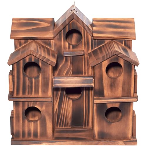 MIXUMON Wooden Bird Houses for Outside – 10 Rooms Multi-Chamber Bird House, Carbonized Pine Rustic Finish, 1.57" Entrance Holes, Individual Cleaning Doors, Decorative Outdoor Bird Nesting Box