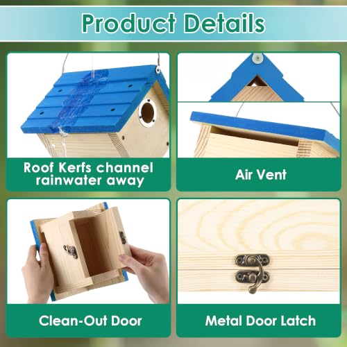 Dreyoo 2 Pack Wren House, 1-1/8'' Entrance Hole Hanging Wooden Wren Bird Houses for Outside with Metal Guard, Air Vents, Pine Wood for Chickadees (Blue,Wood Color) - color: Blue, Wood Color