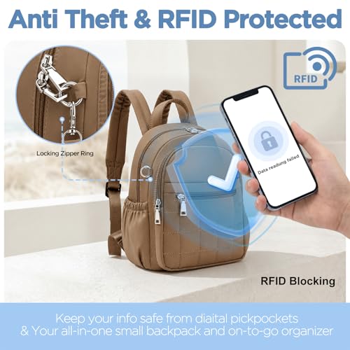 Mini Backpack for Women, Anti Theft RFID Small Travel Backpack | Compact Backpack with Built-in RFID Wallet(5 Slots) & Coin Purse, 10-Pocket Fits 11" Tablet, Puffer Nylon, Daily & Work - color: Coffee Brown