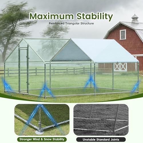 EUNHOO Large Walk-in Chicken Run with Full Roof Cover, 13'L x 9.8'W x 6.5'H Metal Chicken Coop, Waterproof UV-Resistant Canopy, Outdoor Poultry Enclosure for Backyard, Chickens, Ducks and Rabbits