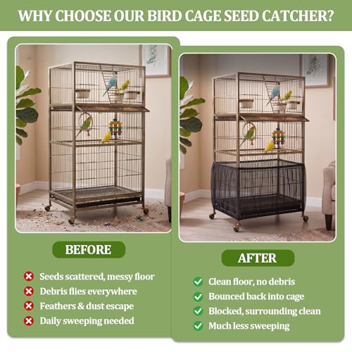 Bird Cage Cover,Bird Cage Seed Catcher,Durable Airy Nylon Mesh Net, Adjustable Birdcage Cover Skirt Seed Guard for Parrot Cockatiel Parakeet Pigeon Big Round Square Cages(Black) - color: Black