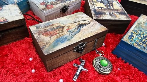 RK Collections Our Lady of Guadalupe Virgin Mother Mary Rosary Box. Vintage Woodem Prayer Box for Religious Gift. Trinket case Holder (6.5 x 4.25 x 2.25 inches) - style: Mother Mary/Lady of Guadalupe