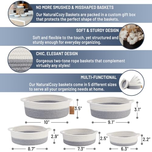 5-Piece Round Woven Cotton Rope Storage Baskets for Organizing, Small Shallow Nesting Set for Montessori Toys, Entryway Catchall, Fruit Bowl, Key Tray, Remote Holder, Nursery & Pet Toys - color: Off White & Gray
