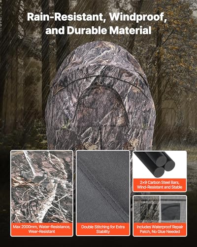 VEVOR Hunting Blind，See Through Ground Blinds with Carrying Bag, 360 Degree Portable Camouflage Tent，Durable Concealed Shelter with Silent Side Door and Window, for Turkey and Deer - size: Single Person