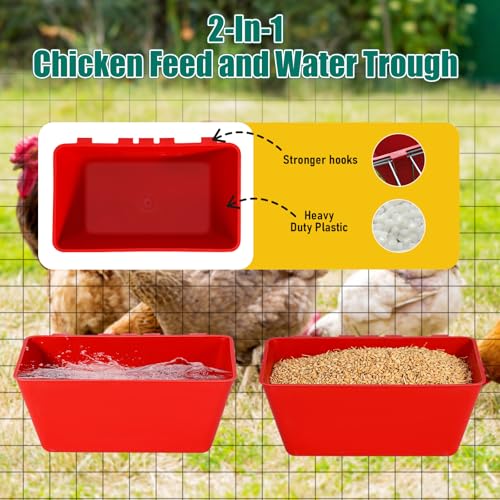 2 Pack Chicken Feeder Waterer 2.5 Quart Hanging Poultry Feeders Trough | Versatile Chicken Feeding Container with Hooks for Duck Goose Rabbit Duck Feeder Poultry and Livestock Water Trough（Red） - color: Red