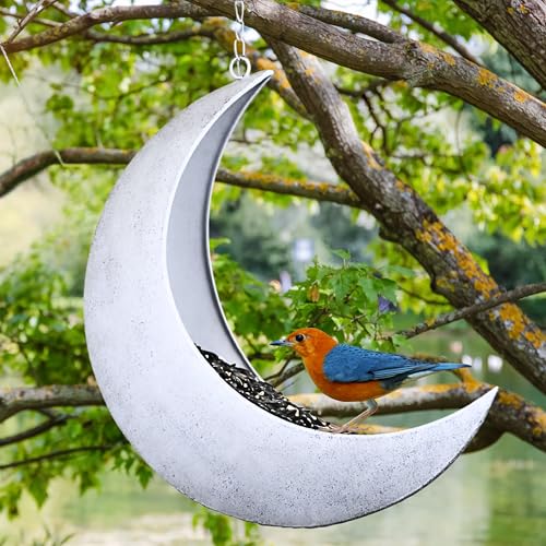 Hanging Moon Bird Feeder – Unique Metal Bird Feeders for Outdoors, Rustic White, Rust-Resistant, Wild Bird Feeder for Bluebirds, Cardinals, Finches, and Backyard Birdwatching - color: Rustic White