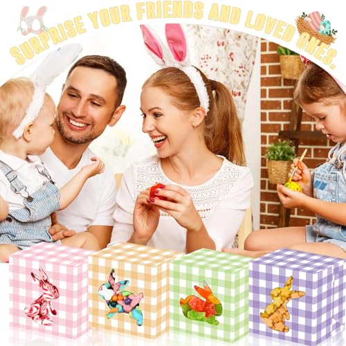 L7HWDP 12Pcs Easter Treat Boxes Plaid Cardboard Box with Rabbit Bunny Shape Window Spring Colorful Checked Candy Gift Paper Box Easter Containers