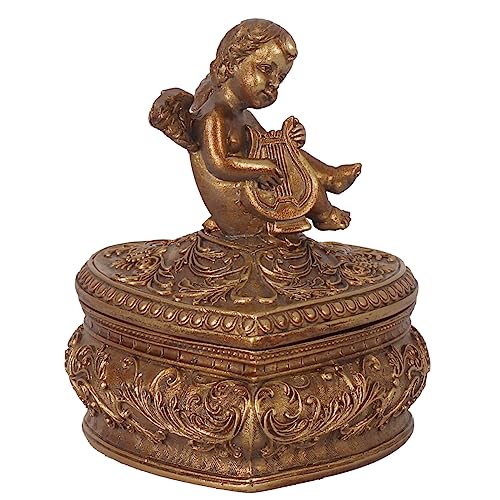 S-MANTIS Vintage Box Antique Trinket Organizer Rings Earrings Storage Gilded Heart Shape Box With Sophisticated Floral Decor And Cherub Figurine Playing The Harp Lid Keepsake Gift (Antique Gold-Heart) - color: Antique Gold-Heart