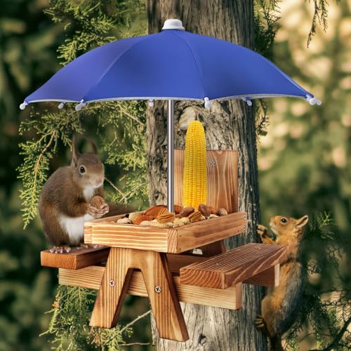 Gnodary Squirrel Feeder with Umbrella, Squirrel Feeders for Outside, Squirrel Picnic Table Feeder - Chipmunk Feeder Hold Corn, Corn Cob, Peanuts (Blue) - color: Blue