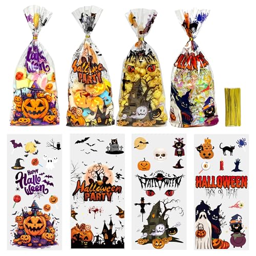 Lhocm Halloween Cellophane Treat Bags, 60PCS Plastic Clear Halloween Candy Cookies Goodie Gift Bags with Ties for Halloweens Trick or Treat Party Favors Supplies, 4 Style - color: Halloween 60pcs