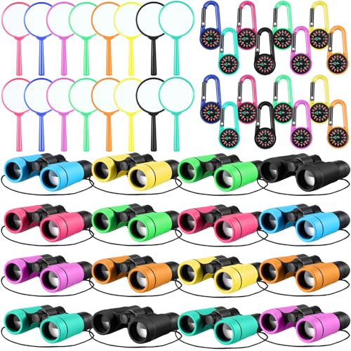 Hiboom 16 Set Kids Binoculars Bulk Shockproof Folding for Kids, Cute Colors | Children Mini Compact Binoculars Compass Magnifying Glass for 3-12 Years Boys Girls Kids Bird Watching Camping Outdoor Play