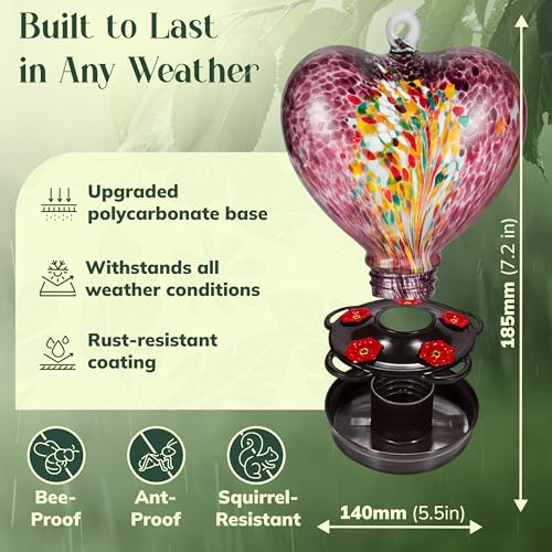 Hand Blown Glass Hummingbird Feeder for Outdoors All Season Use - 28 Fl. Oz. Leak Proof Hummingbird Feeder with Rust Proof Base - Includes Ant Moat, Ant & Bee Proof (Purple) - color: Purple