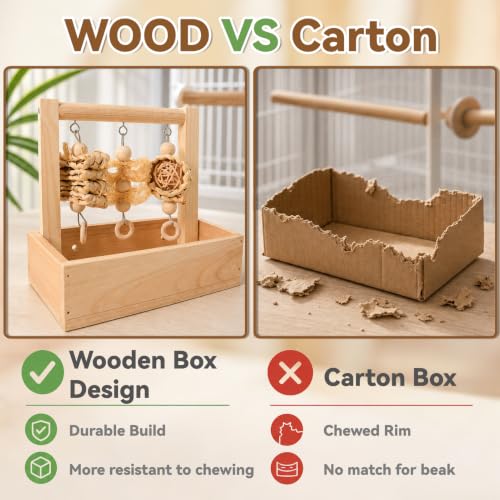 Wooden Bird Parrot Foraging Toys Box with Perch Stand, Cage Accessories