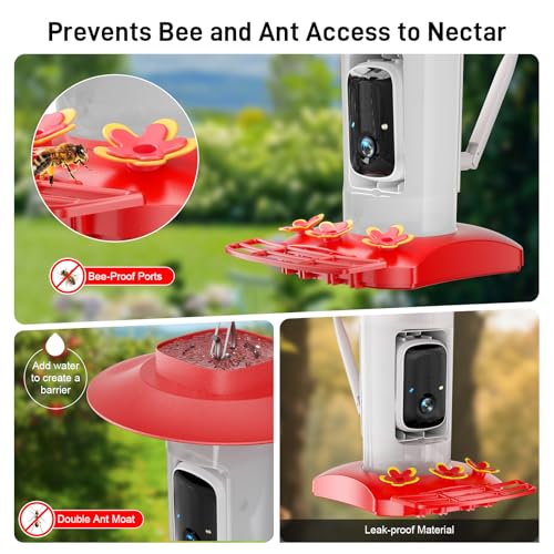Hummingbird Feeder with Camera Outdoor, Solar Powered Hanging Bird Feeder | Ant Moat & Bee-Proof, AI Bird ID, HD 2K, Instant App Alerts, Auto Capture, Garden Gift for Hummingbird Lover & Mom Dad, 21oz - color: Red