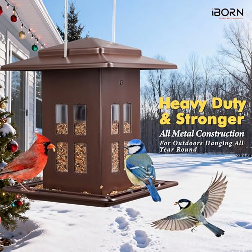 iBorn Bird Feeder for Outdoor Hanging,Metal Bird Feeder Hanging Outside for Cardinal, Double-Sided Hanger Wild Birdfeeder All Metal Constructions, Holds 2.3LB Seed, Bronze,8 Ports - color: Bronze