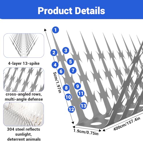 Bird Spikes Squirrel Proof Baffle for Bird Feeders, 160 Inch Avoid Climb Spikes for Outside, Fence, Wall, Tree, Drainpipes, Deterrent Spikes for Squirrel, Pigeons, Raccoon, Cat, Stainless Steel Spikes - size: 13.12FT