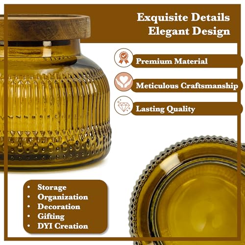 Decorative Amber Ribbed Glass Jar with Airtight Wooden Lid, 25.4 fl. oz | Wide mouth vintage storage canister, kitchen pantry bathroom organization, coffee sugar tea cookie candy candle vase gift - size: 25.4 Ounces, style: Amber Ribbed