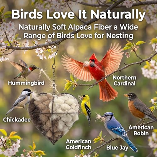 Tiezzi Handmade Alpaca Fiber Bird Nesting Heart, Refillable Bird Nesting Material Holder for Wild Birds & Hummingbirds, Outdoor Garden Decor Gift for Bird Lovers