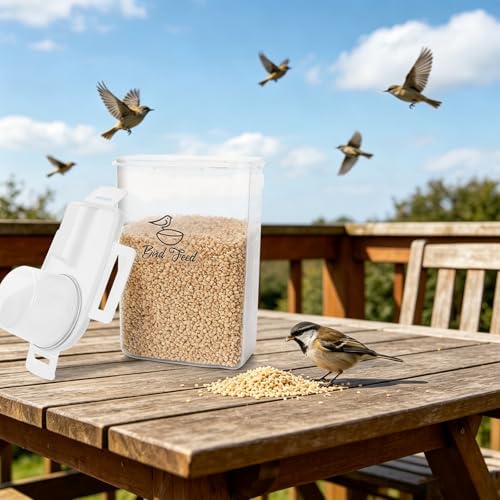 2 Pack Bird Seed Storage Container Airtight- 3 Qt/2.8L Portable Bird Seed Dispenser Pet Food Container with Measuring Cup for Birds Seeds Chicken Feed Pet Food Rice Grain Flour, BPA Free