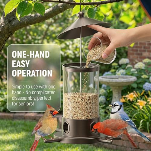 Metal Bird Feeder for Outdoor Hanging - Premium Iron Wild Bird Feeders, Bronze Heavy Duty Iron with Drainage Holes, One-Handed Refill Sliding Roof, Elegant Minimalist Garden Decor