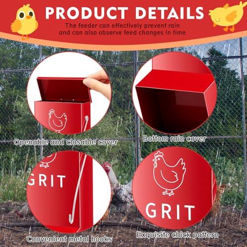 Leinuosen 2 Pack Metal Chicken Oyster Shell and Grit Feeder with Lid and Hook Hanging Mountable Chicken Feeder Trough Automatic Gravity Poultry Coop Accessories Water Dispenser for Chicks, Ducks, Hens