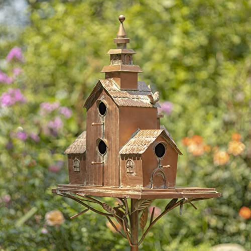 Zaer Ltd. Large Copper Colored Multi-Birdhouse Stakes, Room for 5 Bird Families in Each (XL Country Town Home Montana) - style: XL Country Town Home Montana
