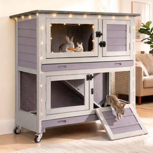 Suumerpety 36" 2-Story Wooden Rabbit Hutch with Chew-Proof Ramp, Dual Leak-Proof Pull-Out Trays & 4 Lockable Wheels, Indoor Outdoor Bunny Cage for Rabbits & Guinea Pigs (Grey) - color: (Grey-AIR77)