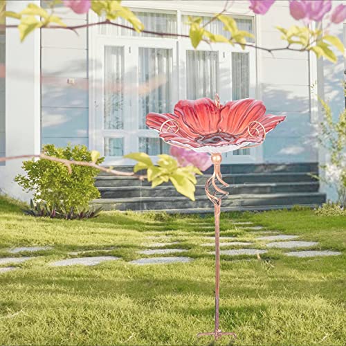 Glass Birdbath Birdfeeder with Metal Stake Garden Yard Outdoor Red | 31inch height stain glass bird bath for outside,red flower bird bath bowl,attract wild birds and beautify outdoor gardens - color: Red