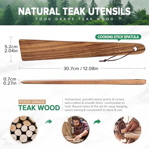 Wooden Spatula for Cooking, Teak Wood Turner & Flipper,2 Pcs,12″ | Versatile, Flat Stick Scraper Spurtle Set, Flipping, Scrambling, Turning Egg, Pancakes, Cast Iron Skillets,Non-Stick Cookware