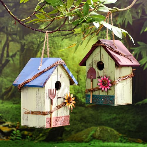 DoubleFill 2 Pcs Birdhouses for Outdoor Hanging Yard Outside Wooden Birdhouse Hand Painted Bird Box for Bird Lovers Bluebird Tree Garden Decor Decorative Birdhouse(Light Color,Wooden Roof) - color: Light Color, size: Wooden Roof