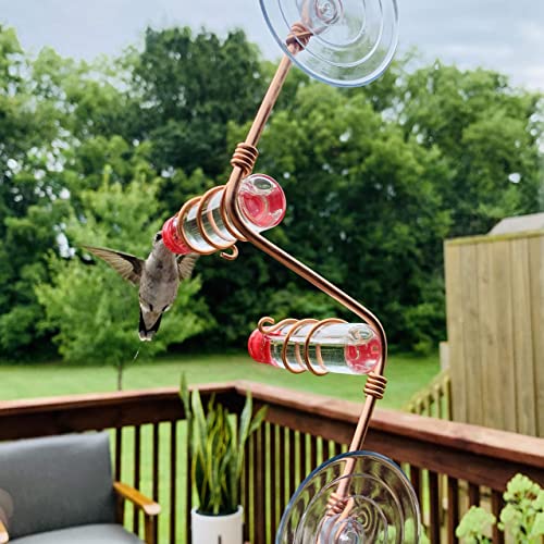 Geometric Window Hummingbird Feeder | Copper and Aluminum | Multiple Stations | Modern Hummingbird Feeder | Handcrafted | Home Décor | Glass Bottles | Suction Cups (Copper)