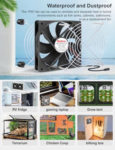 Wathai 120mm Waterproof Small Box Fan IP67 12V Computer Fan AC 110v 120v | Dual Ball Fan with AC Plug DC 12V to AC 110V 240V Speed Controller for Biltong Box Grow Tent Terrarium Aquarium Greenhouse - style: IP67 120mm fan with Controller