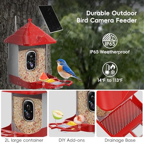 Smart Bird Feeder with Camera, Solar Panel & 5200mAh Battery, 4K HD Video, AI Identification, Instant Arrival Alerts & Alarm, IP65 Weatherproof, 32GB Card, 2L Capacity, for Bird Lover - color: Red
