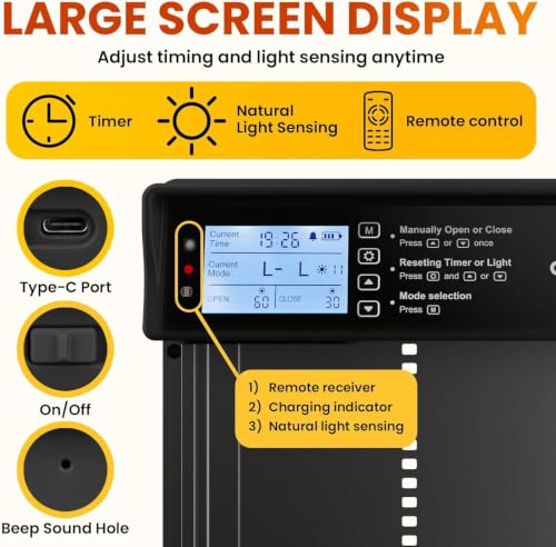 Okkobi Automatic Chicken Coop Door Solar Powered - LCD Display - Chicken Coop Door with Light Sensor & Timer - Security & Peace of Mind: Anti-Pinch Function - 5-Year Protection - Black - color: Black