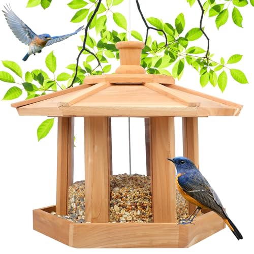 Wooden Bird Feeder for Outdoors Hanging, Red Cedar Hexagon Shaped Large Capacity, Cardinal Birdfeeder for Garden Decoration Yard, Weatherproof and Durable(Large) - size: Large