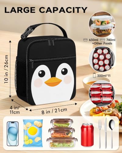 Lunch Box Boys Girls Insulated Lunch Bag for Kids Teen, Funny Penguin | Reusable Lunchbox, Cooler Tote Bag, Water Bottle Holder, Front Pockets, Portable Buckle Handle for School Work Picnic Travel - color: Funny Penguin Face