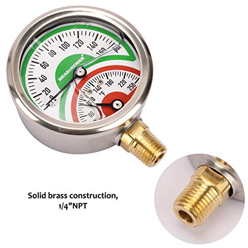 MEASUREMAN Tridicator, Thermo-Manometer, 2-1/2", Silicone Oil Filled, 0-160psi/30-250 deg F, Stainless Steel Case, 1/4" NPT Lower Mount Pressure Gauge - size: Lower Mount-Liquid Filled
